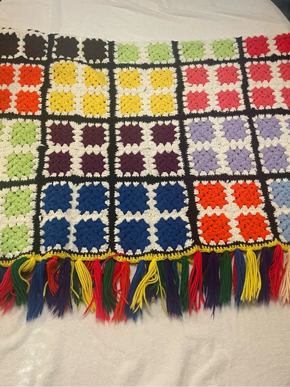 Handmade Multicolor Crochet Granny Square Tassels Throw Blanket Flaws